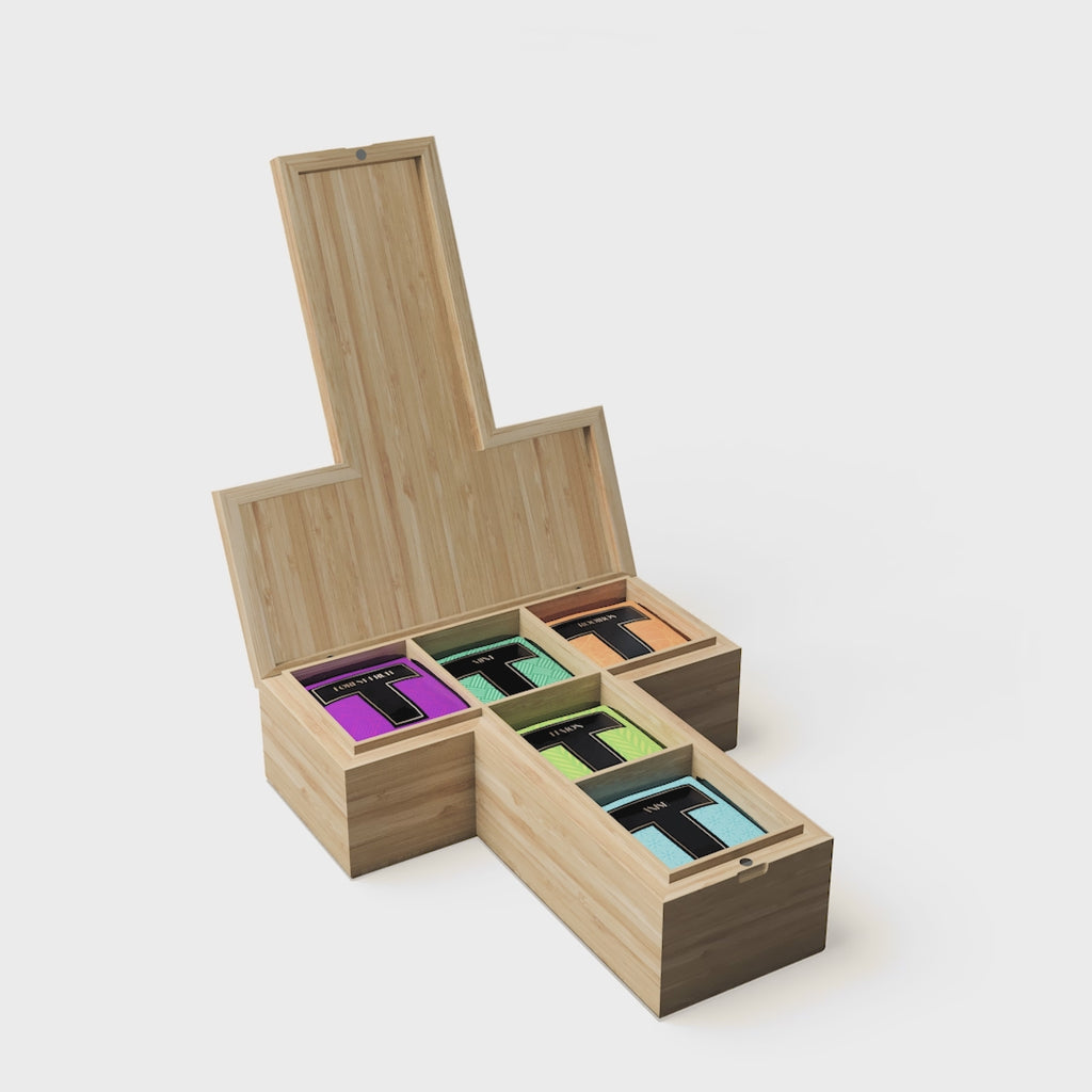 the t-box-tea box bamboo theedoos premium storage solution open closed standing product design bamboo teabox organizer gift black presentation animation